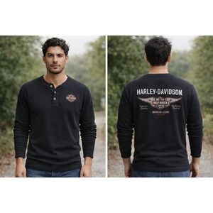 Harley-Davidson Men Black Waffle Knit Henley Long Sleeve Graphic Shirt Sz L moto
